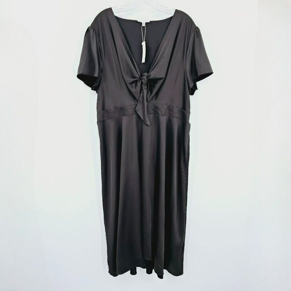 Baltic Born Poppy Satin Midi Dress XXXL Black Front Tie Short Sleeve Hi Low New